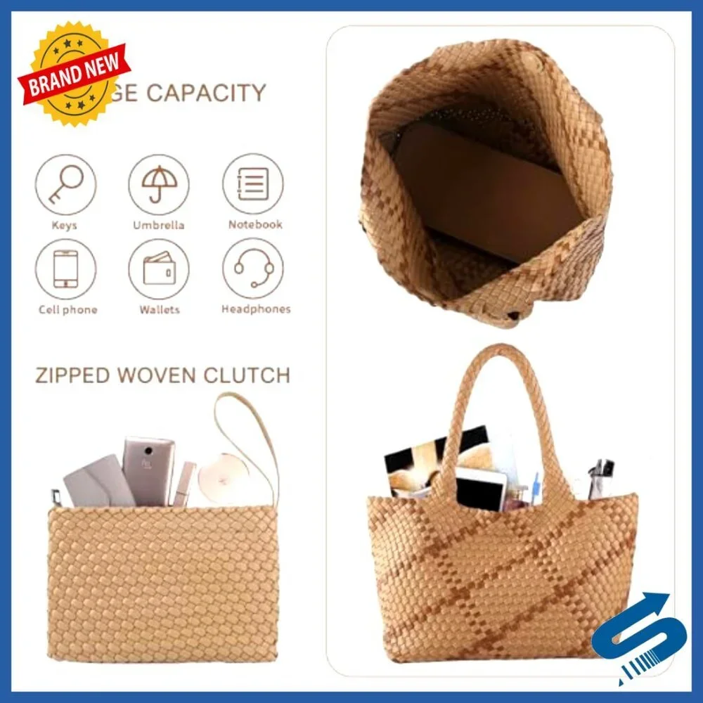 Woven Vegan Leather Tote Bag with Detachable Clutch Elegant Boho Chic